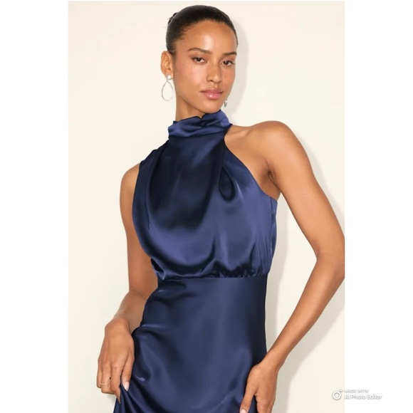 Lulus Medium Distinctive Charm Navy Blue Satin Asymmetrical Midi Dress NWT - Picture 4 of 17